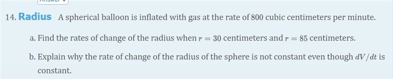 spherical balloon is inflated with gas at the rate of 800 cubic centimeters per minute-example-1