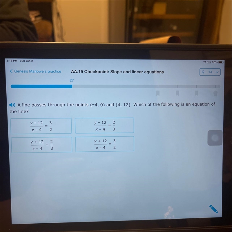 1) A line passes through the points (-4,0) and (4, 12). Which of the following is-example-1