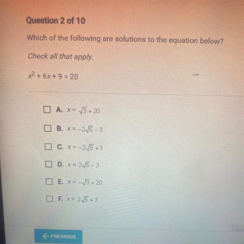 Which of the following are solutions to the equation below? Check all that apply. x-example-1