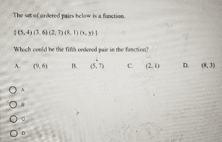 The set of ordered pairs below is a function. {(5, 4) (3, 6) (2,7) (8, 1) (x, y) } Which-example-1