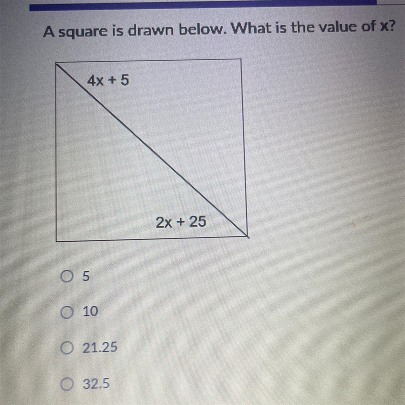 A square is drawn below. What is value of x-example-1