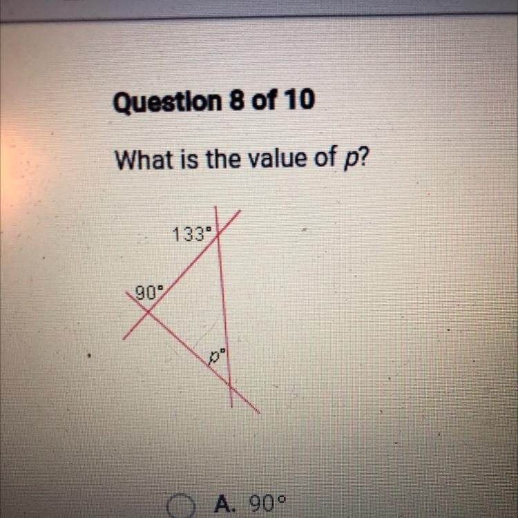 What is the value of p?A. 90°B. 43°C. 47°D. 133°-example-1