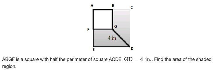 ABGF is a square with half the perimeter of square ACDE. GD = 4 in.. Find the area-example-1