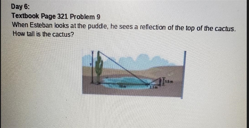 Day 6: Textbook Page 321 Problem 9 When Esteban looks at the puddle, he sees a reflection-example-1