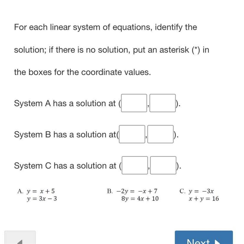 For each linear system of equations, identify the solution; if there is no solution-example-1