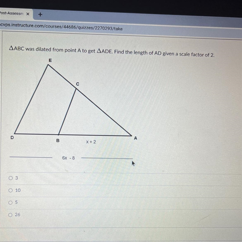 AABC was dilated from point A to get AADE. Find the length of AD given a scale factor-example-1