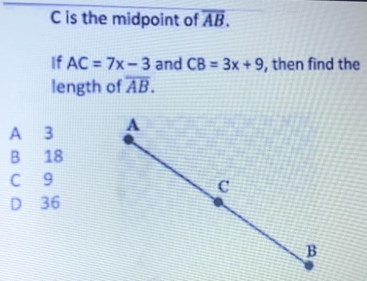 If AC = 7x-3 and CB=3x+9,then find the length of AB-example-1