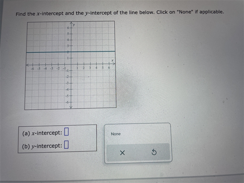 PLEASE HELP ME!! Find the x-intercept and the y-intercept of the line below. Click-example-1