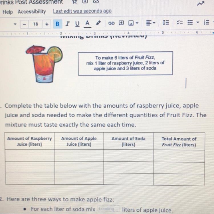 Complete the table below with the amounts of raspberry juice, apple juice and soda-example-1