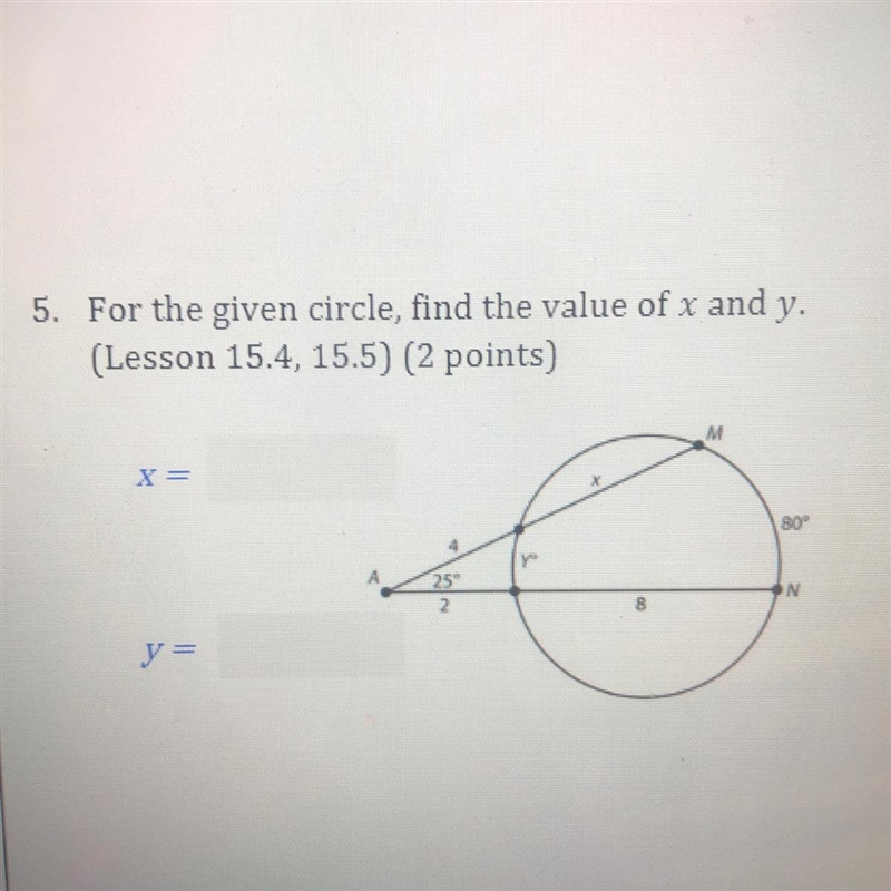 5. For the given circle, find the value of x and y-example-1