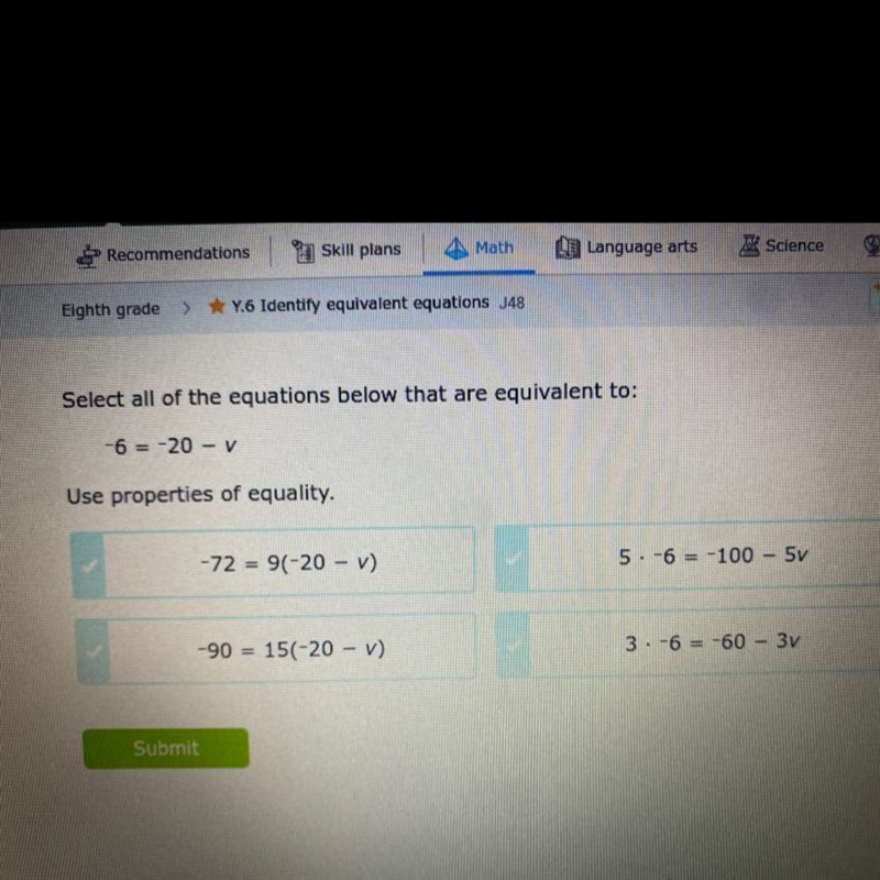 Select the equations below that are equivalent to -6 = -20 - v-example-1