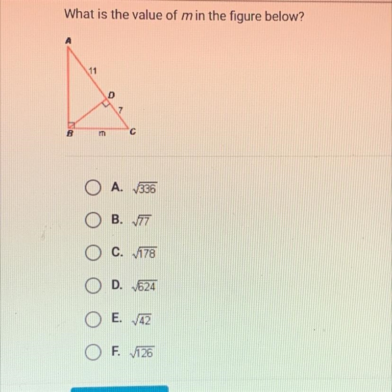 What is the value of min the figure below?11mсO A. 336O B. 77O C. V178D. V624O E. 42F-example-1