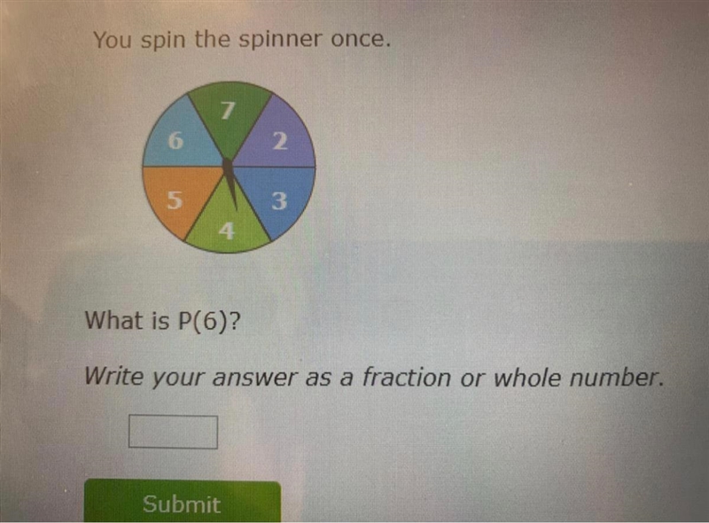 You spin the spinner once. 234567 What is P(6)? Write your answer as a fraction or-example-1