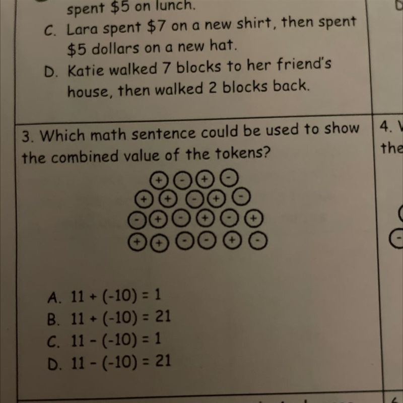 3. Which math sentence could be used to show the combined value of the tokens? A. 11 + (-10) = 1 B-example-1