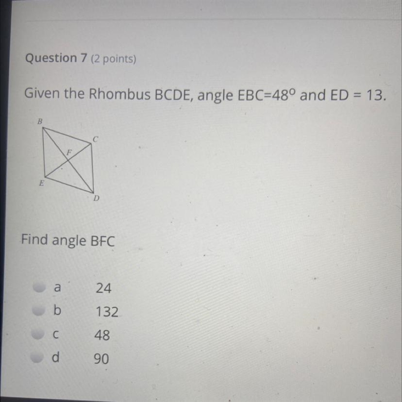 Given the rhombus BCDE, angle EBC=48° and ED=13 Find angle BFC-example-1