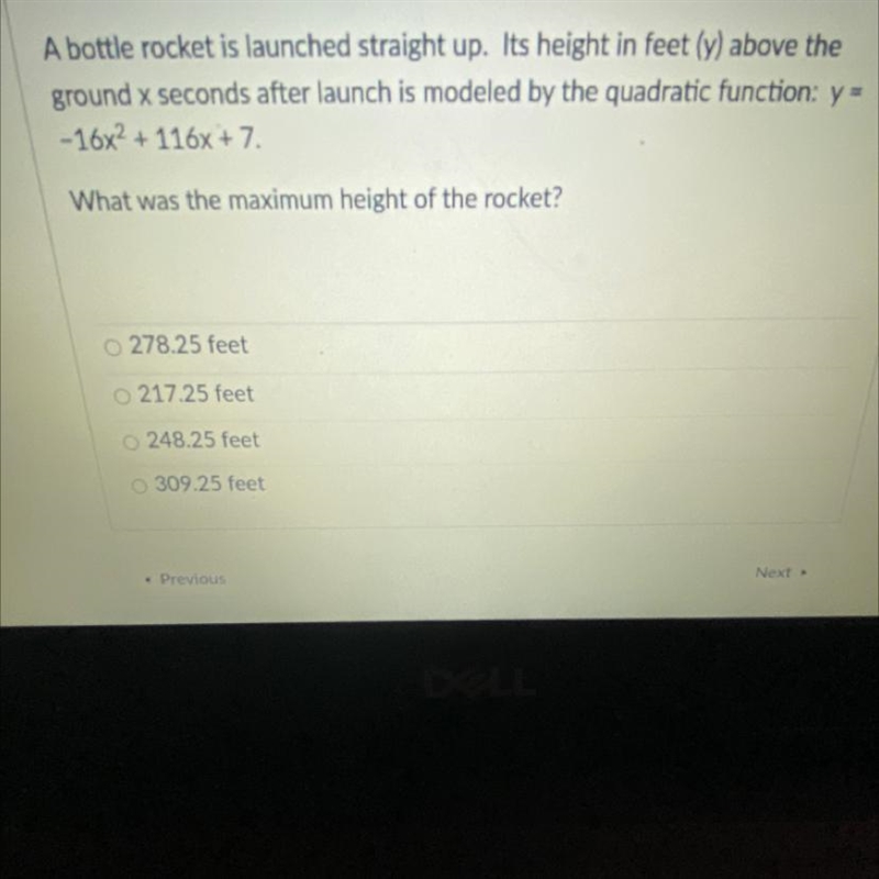 A bottle rocket is launched straight up. Its height in feet (y) above theground x-example-1