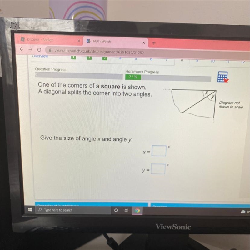 One of the corners of a square is shown. A diagonal splits the corner into two angles-example-1