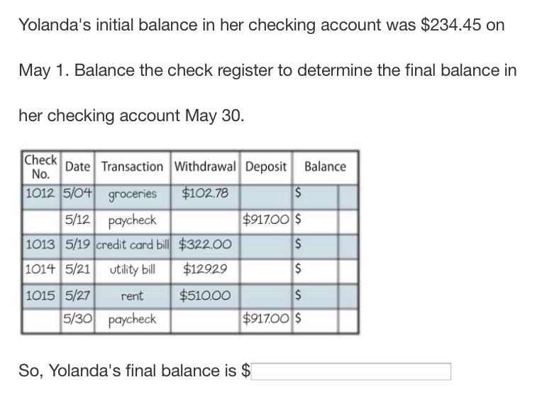 Yolanda's initial balance in her checking account was $234.45 on May 1. Balance the-example-1