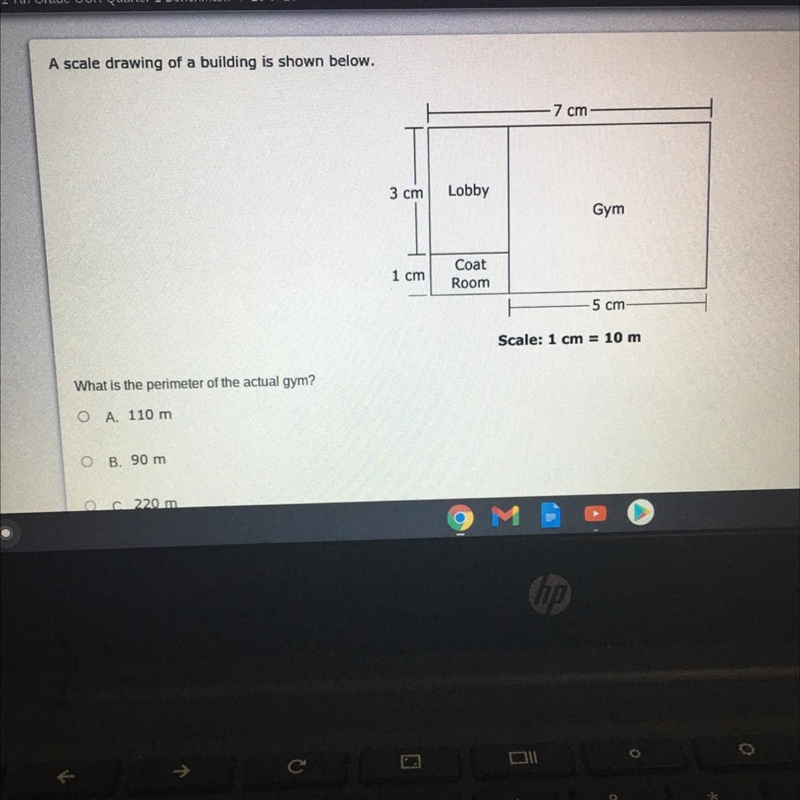 A scale drawing of a building is shown below.7 cm3 cmLobbyGym1 cmCoatRoom5 cmScale-example-1