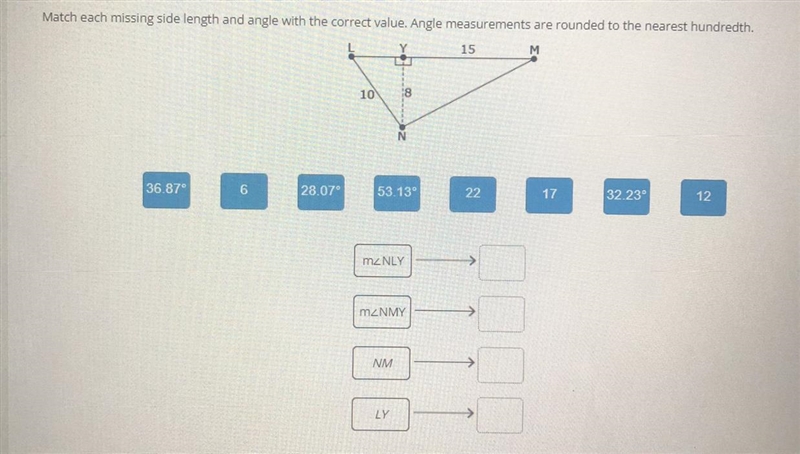 Match each missing side length and angle with the correct value.-example-1