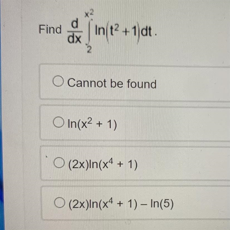 Find the derivative with respect to x of the integral from 2 to x squared of the quantity-example-1