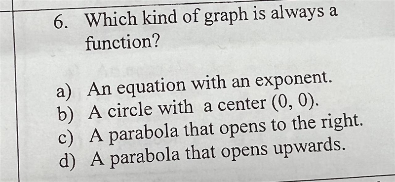 Help please Which kind of grapéis always a function?A) An equation with an exponent-example-1