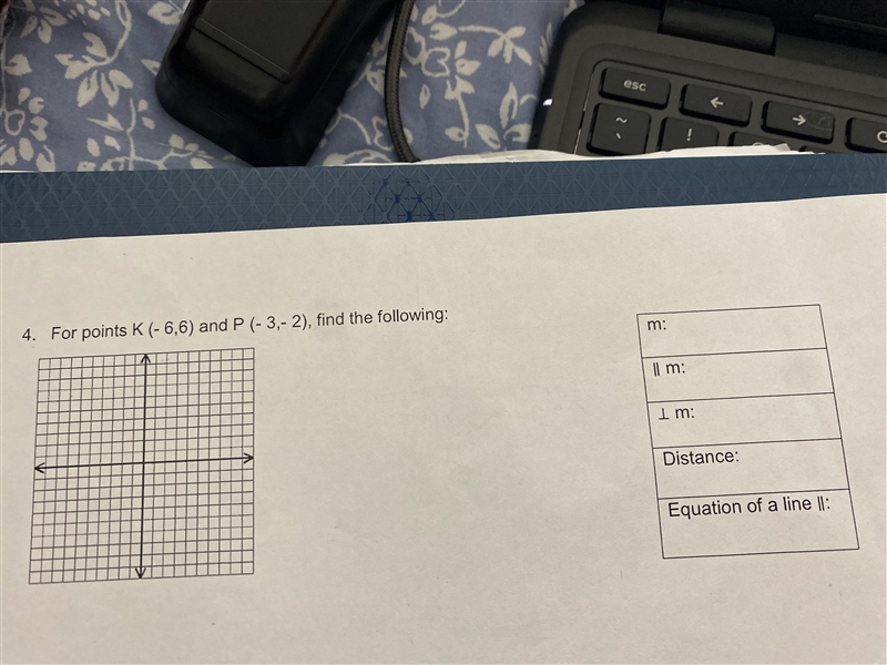 For points K (-6,6) and P (-3,-2), find the following:m:| m:I m:Distance:Equation-example-1