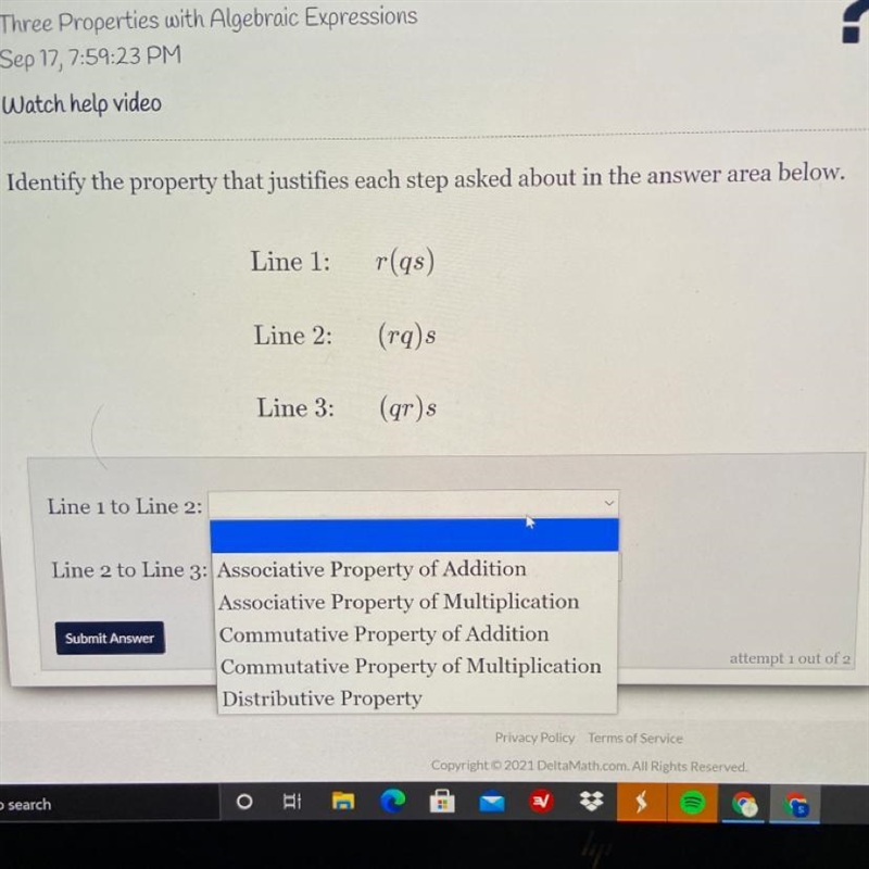 Identify the property that justifies each step asked about in the answer area below-example-1