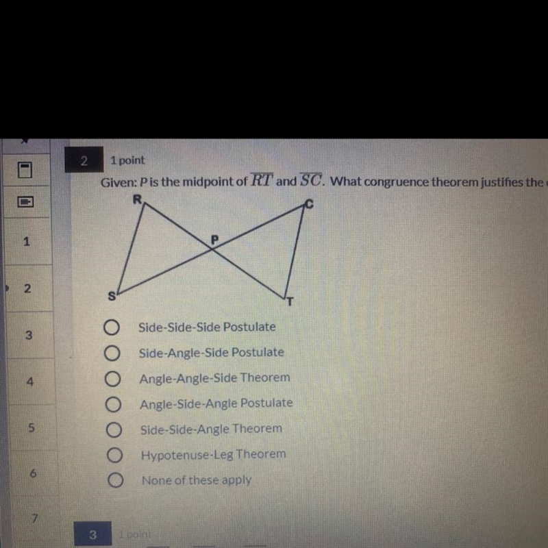 given p is the midpoint of RT and SC what congruence theorem justifies the congruence-example-1