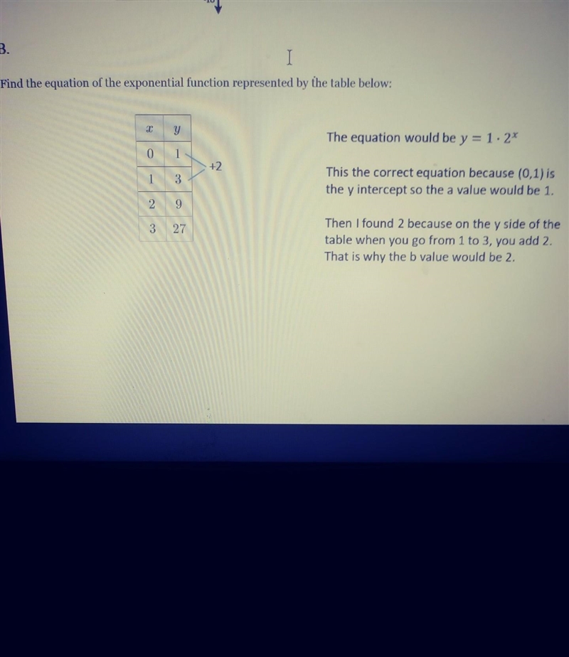 B. I Find the equation of the exponential function represented by the table below-example-1