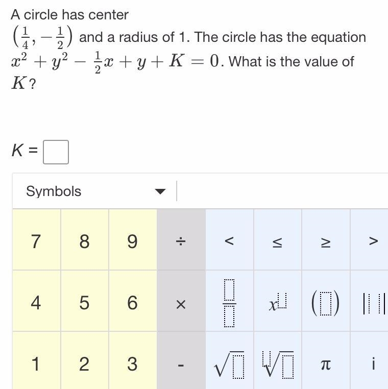 A circle has center (1/4, -1/2) and a radius of 1. The circle has the equation x^2 + y-example-1