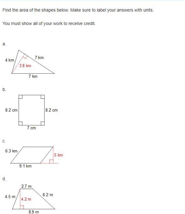 Find the area of the shapes below. Make sure to label your answers with units.-example-1