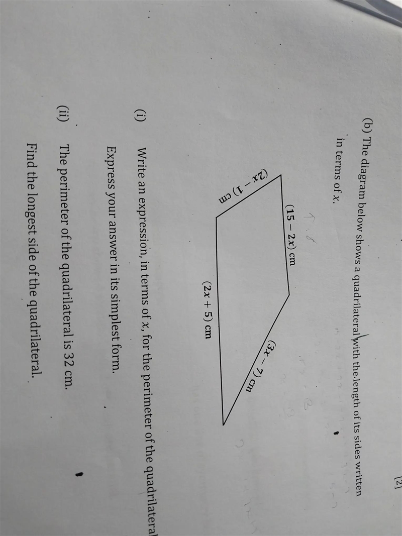 (b) The diagram below shows a quadrilateral with the length of its sides written in-example-1