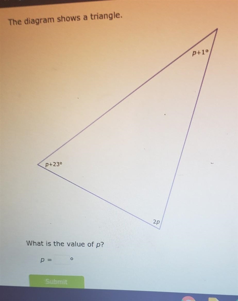 Geometry, (p+1) + (p+23) + 2p = 180 what is the value of p?p = [ ]°-example-1