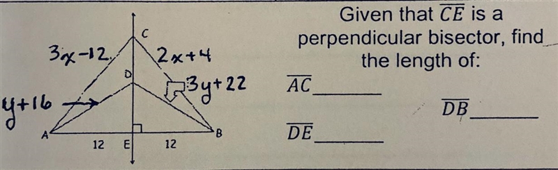 Given that CE is a perpendicular bisector find the length of-example-1