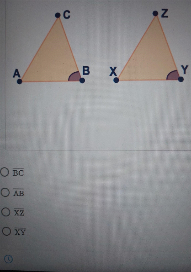 2. The two figures shown are congruent. Which side of triangle XYZ corresponds to-example-1