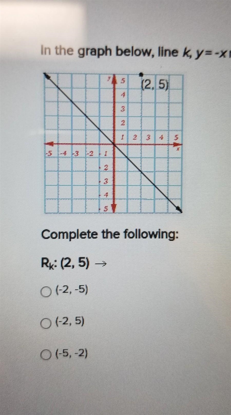 in the graph below line k,y = -x makes a 45 degree angle with the X and Y axes complete-example-1