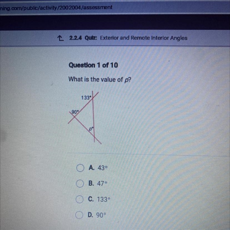 What is the value of p?1.991/20A. 439B. 47°C. 1339D. 90°-example-1