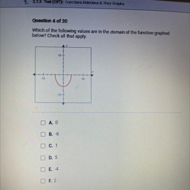 Which of the following values are in the domain of the function graphed below? Check-example-1