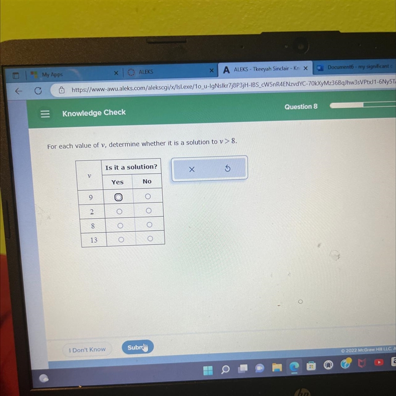 For each value of v, determine whether it is a solution to v > 8.-example-1