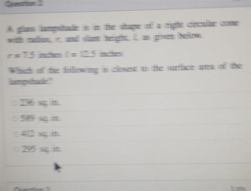 A glass lampshade is in the shape of a right circular cone with radius, r, and slant-example-1