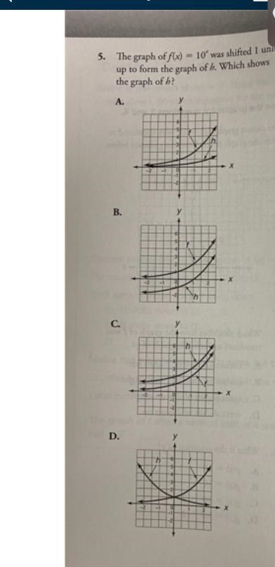 The graph of Ax) = 10' was shifted I unitup to form the graph of &. Which showsthe-example-2