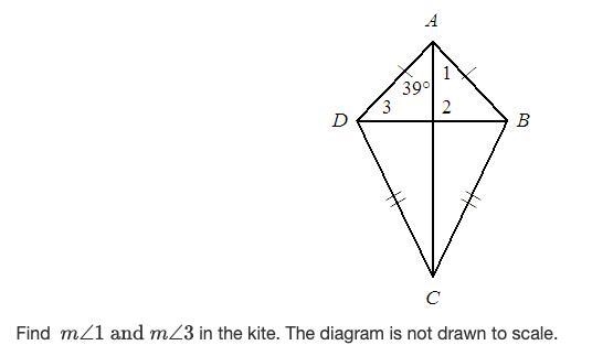 Find m∠1 and m∠3 in the kite. The diagram is not drawn to scale. (image attached)thank-example-1