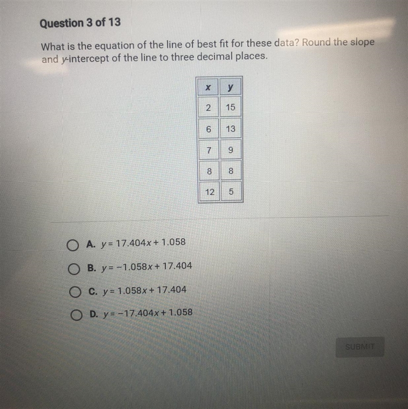 Question 3 of 13 What is the equation of the line of best fit for these data? Round-example-1