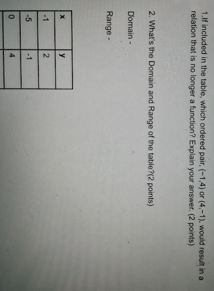 1.It included in the table, which ordered pair.(-1.4) or (4.-1), would result in a-example-1