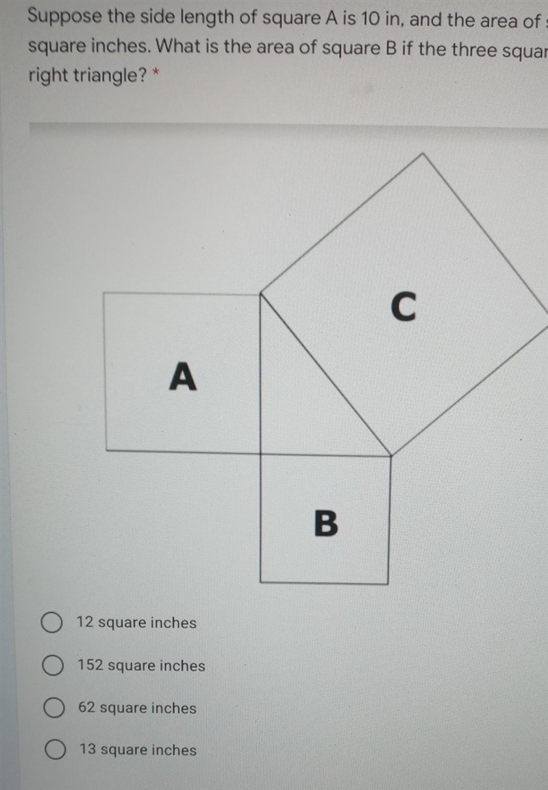 What is the area of square B if the three squares form a right triangle-example-1