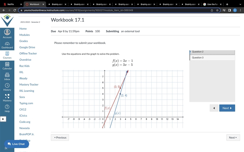 QuestionUse the equations and the graph to solve the problem. f(x)=2x−1g(x)=3x−5 Graph-example-1