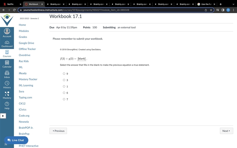 QuestionUse the equations and the graph to solve the problem. f(x)=2x−1g(x)=3x−5 Graph-example-3