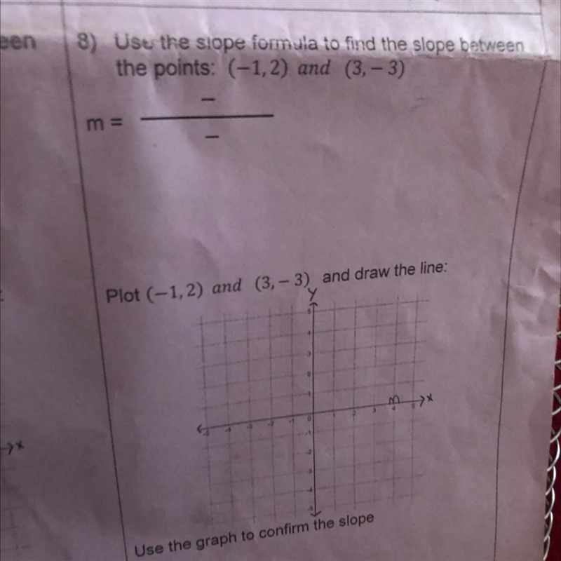 8) Use the slope formula to find the slope between the points: (-1,2) and (3,- 3) m-example-1