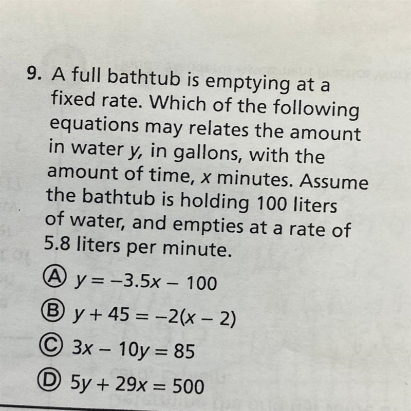 A full bathtub is emptying at a fixed rate. Which of the following equations may relates-example-1